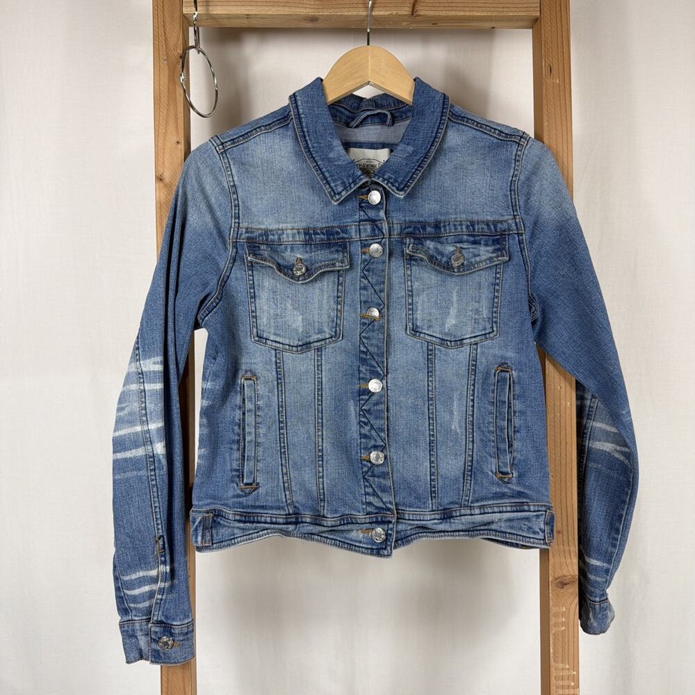 Ashley Vintage Charm Bleached Details Button Up Denim Jean Jacket #1245 Sizes L